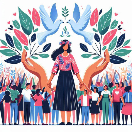 International Day of Peace concept. Young woman in ethnic dress with pigeons in her hands.のイラスト素材