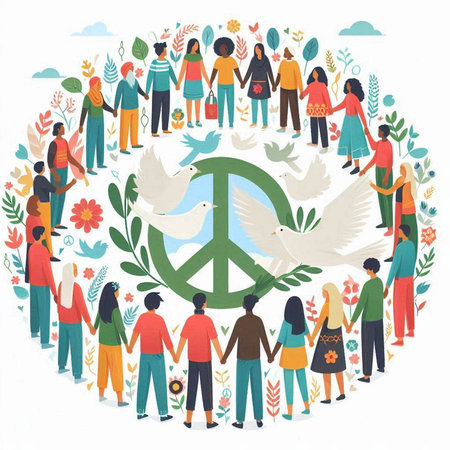 International peace day concept. Group of people with peace symbol. Vector illustrationのイラスト素材