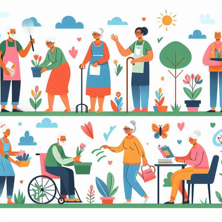 Elderly people gardening flat vector illustration. Cartoon characters with garden tools and plants.のイラスト素材