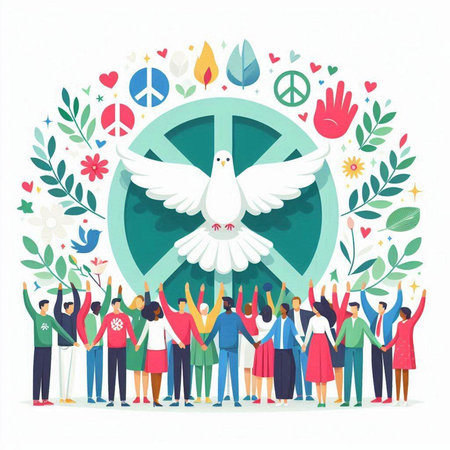 Vector illustration of International Day of Peace concept with people and peace symbolのイラスト素材