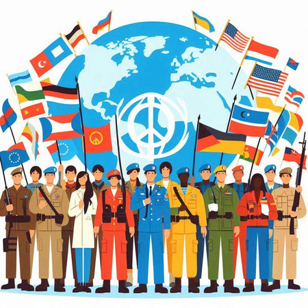 Group of people with flags around the world. Vector illustration in flat style.のイラスト素材