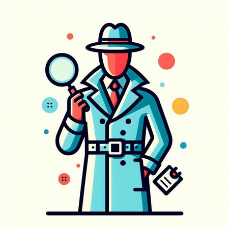Vector illustration of detective with magnifying glass. Flat line art style design.のイラスト素材