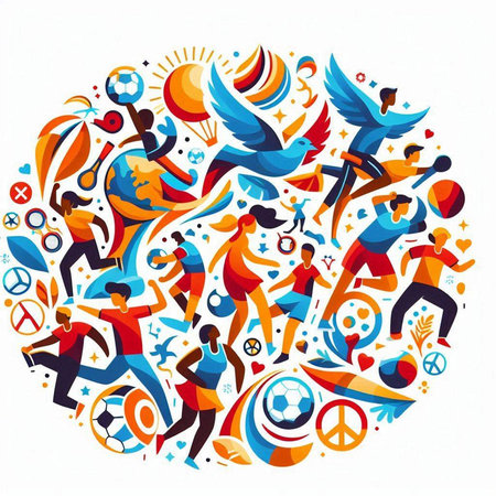Group of people running and jumping around the globe. Vector illustration.のイラスト素材