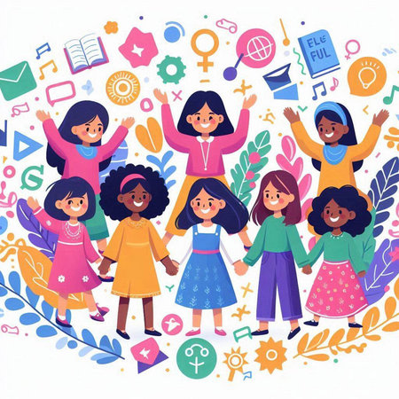 Vector illustration of group of children with different symbols. Girl power concept.のイラスト素材