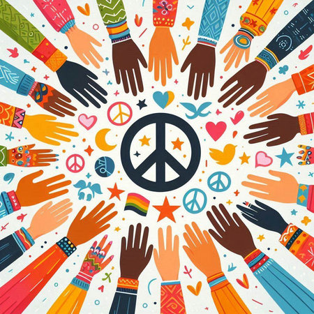 Hands of people with peace sign in circle. Vector illustration.のイラスト素材