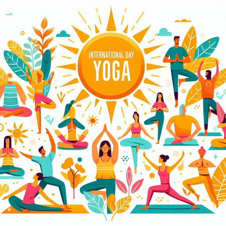 Yoga banner with people doing different yoga poses, flat vector illustration.のイラスト素材