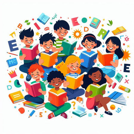 Group of happy children reading books. Vector illustration in cartoon style.のイラスト素材