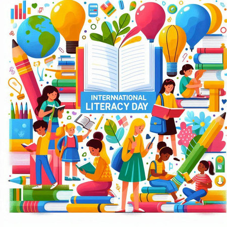 International literacy day poster with children reading books and making notes vector illustrationのイラスト素材