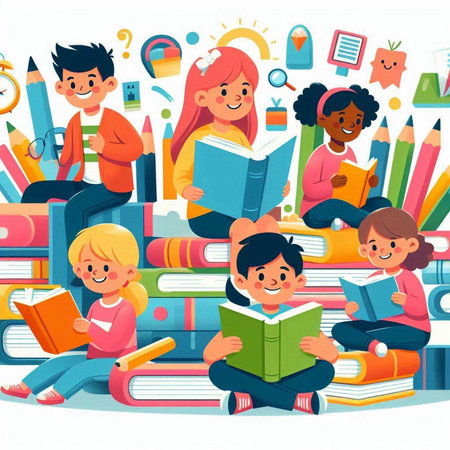 Vector illustration of happy children reading books. Kids sitting on stack of books and studying.のイラスト素材