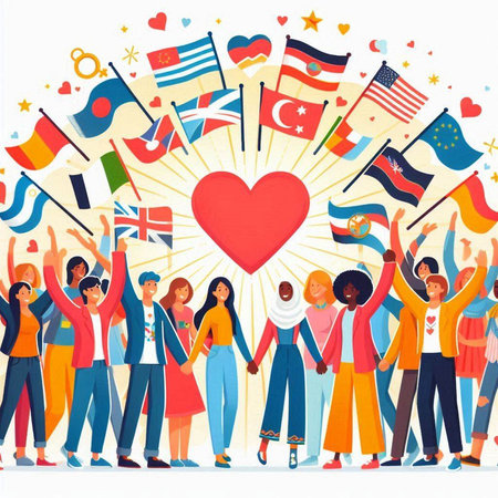 Group of happy people with flags and hearts. Cartoon vector illustration.のイラスト素材