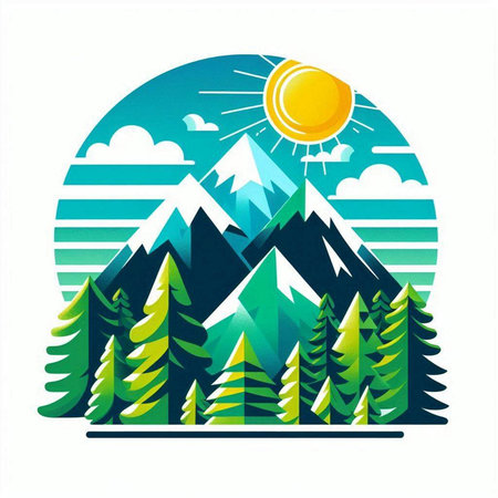 Mountains with coniferous forest and sun. Vector illustration.のイラスト素材