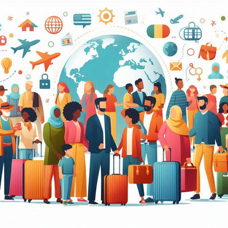 People Traveling Around the World. Group of People with Luggage and Globe. Flat Vector Illustrationのイラスト素材