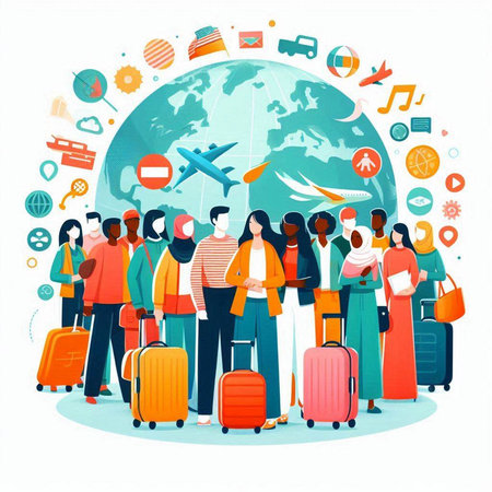 Traveling around the world. Group of people with suitcases. Vector illustrationのイラスト素材