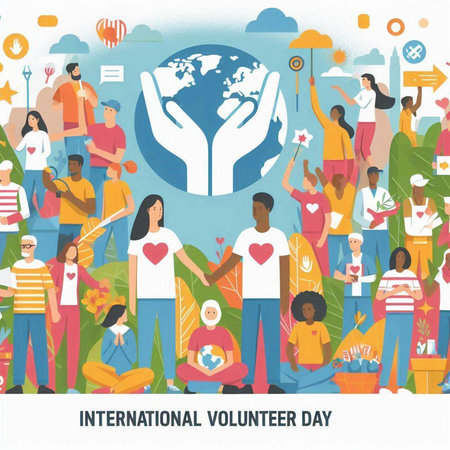 International Volunteer Day. Flat design vector illustration concept. Group of people around the world.のイラスト素材