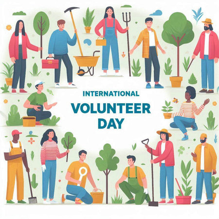International Volunteer Day concept with people planting trees and gardening tools vector illustrationのイラスト素材