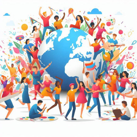 Diverse people holding hands around the world. Global communication concept. Vector illustration.のイラスト素材