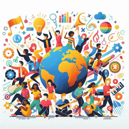 International music festival. Group of people with instruments and world globe. Vector illustrationのイラスト素材