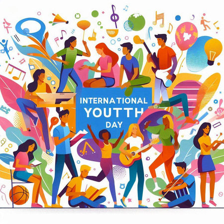 International Youth Day. Group of young people with musical instruments. Vector illustration.のイラスト素材