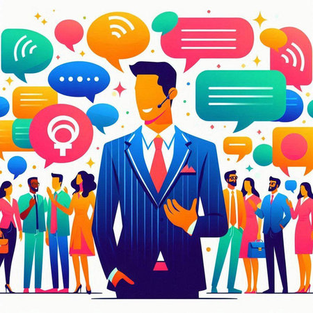 Vector illustration of a group of people with speech bubbles. Businessman in a flat style.のイラスト素材