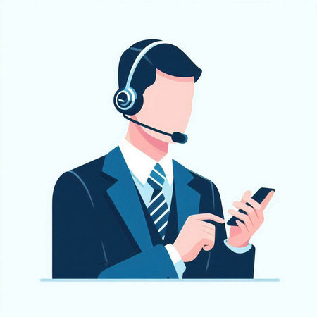 Call center operator with headset and mobile phone. Vector illustration in flat styleのイラスト素材