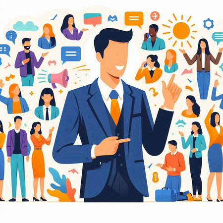 Vector illustration of businessman standing in front of group of people with speech bubbles.のイラスト素材