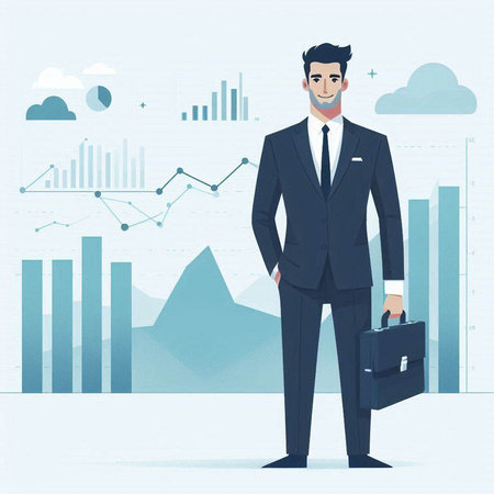 Businessman with briefcase standing on the background of graphs and chartsのイラスト素材