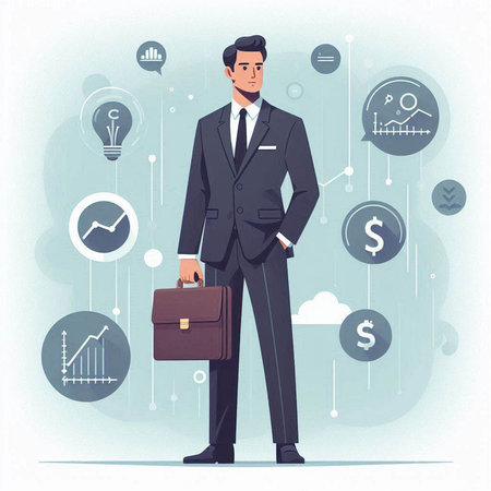 Businessman with briefcase and infographics. Vector illustration in flat styleのイラスト素材
