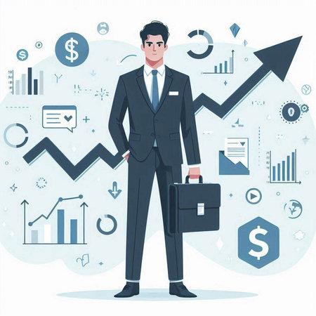 Businessman standing with briefcase. Vector illustration in flat style.のイラスト素材