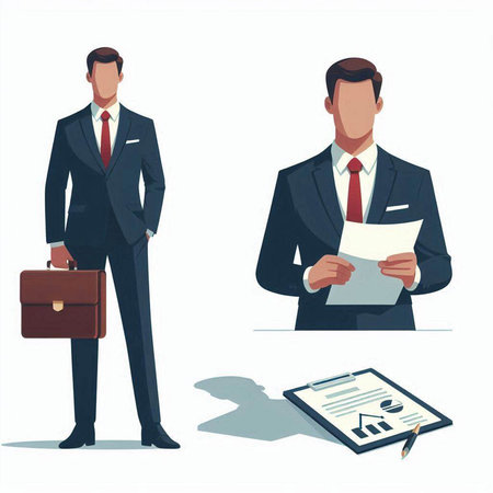 Businessman in suit with briefcase and documents. Vector illustration.のイラスト素材