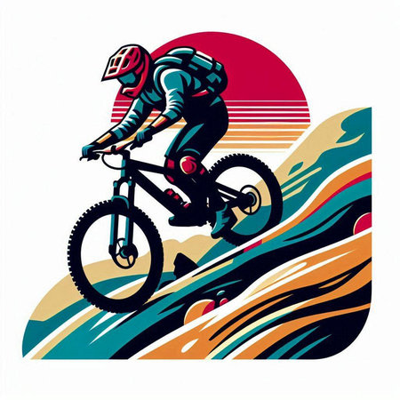 Mountain biker on the background of the sunset. Vector illustrationのイラスト素材