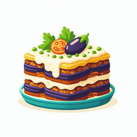 Illustration of a layered lasagna with olives and tomato.のイラスト素材
