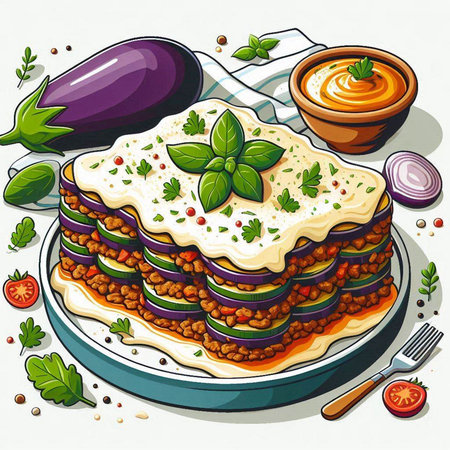 Vegetable lasagna with eggplant, tomato, onion and basilのイラスト素材