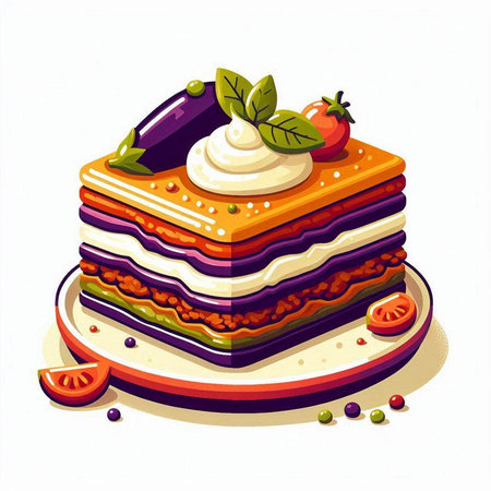 Illustration of layered layered lasagna with eggplant, tomato and creamのイラスト素材