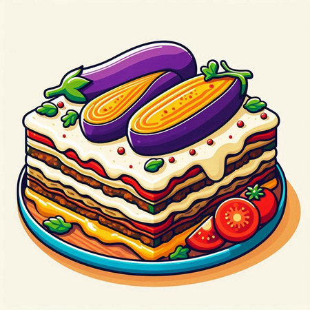 Illustration of a lasagna with eggplant and tomato on a plateのイラスト素材