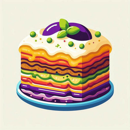 Colorful vector illustration of a rainbow cake with cream and fresh mintのイラスト素材