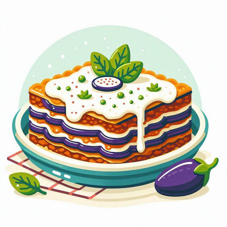 Illustration of a lasagna with eggplant and basil on a plateのイラスト素材