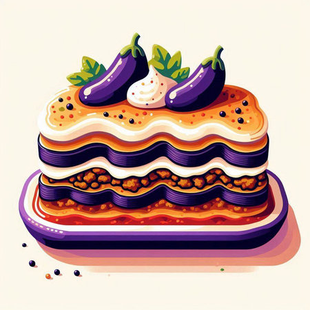 Illustration of a layered cake with eggplant, cream and cheeseのイラスト素材