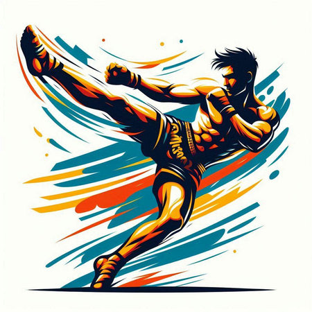 Athletic man with boxing gloves in action. Vector illustration.のイラスト素材
