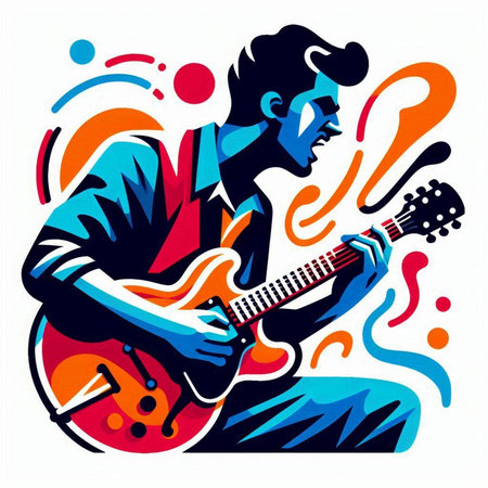 Vector illustration of a man playing the guitar on a colorful background.のイラスト素材