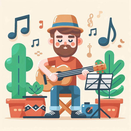 Musician playing guitar in the park. Flat style vector illustration.のイラスト素材