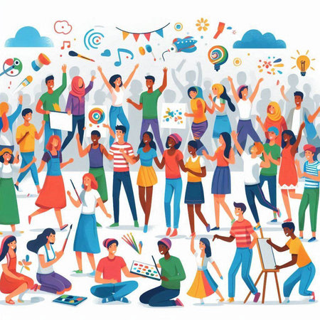 Diverse group of young people having fun together. Flat vector illustration.のイラスト素材