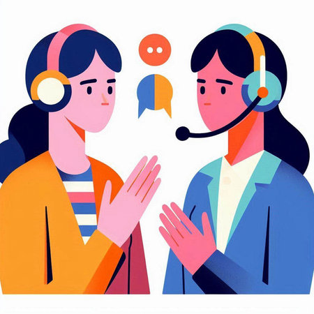 Vector illustration of two female telemarketing agents in headsets giving high fiveのイラスト素材