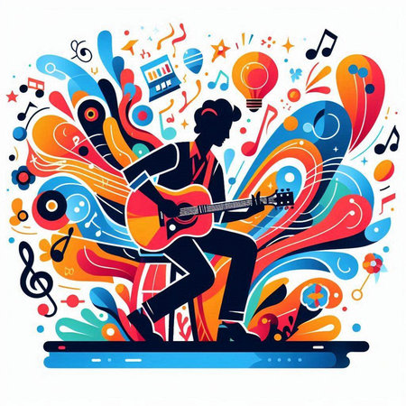 Musician playing the guitar on a colorful background. Vector illustration.のイラスト素材