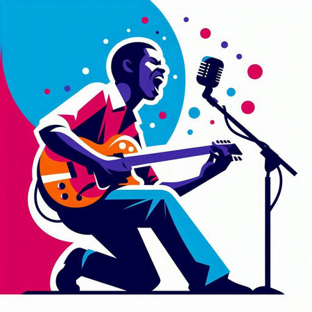 Vector illustration of a jazz musician playing the guitar with a microphone.のイラスト素材