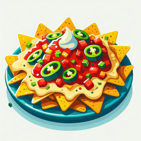 Nachos with salsa and jalapeno pepper, vector illustrationのイラスト素材