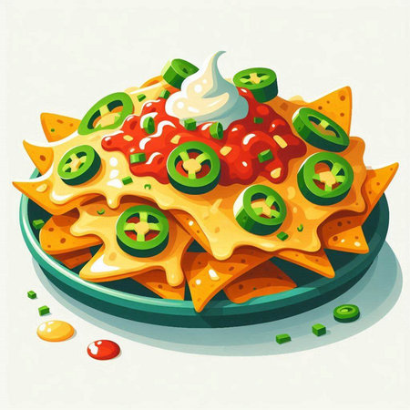 Mexican nachos with sauce and ingredients. Vector illustration.のイラスト素材