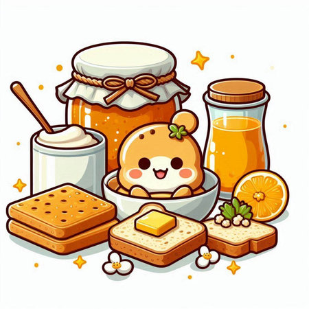 Cute bear with jam and orange juice. Vector cartoon illustration.のイラスト素材
