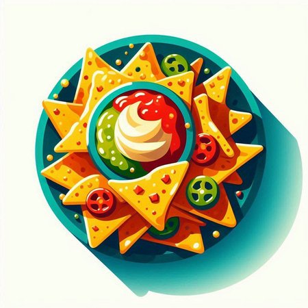 Illustration of nachos with tomato sauce and cheese on a plateのイラスト素材