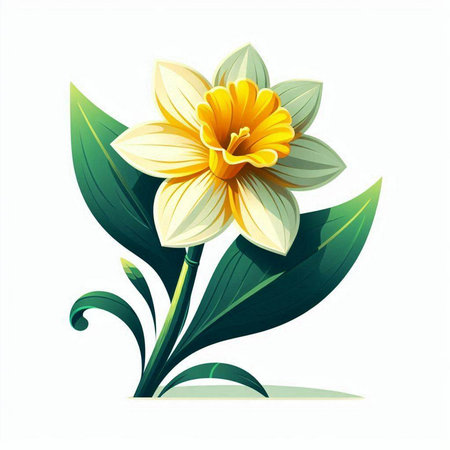 Illustration of daffodil flower with green leaves on white backgroundのイラスト素材