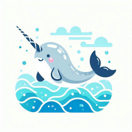 Cute cartoon narwhal in the sea. Vector illustration.のイラスト素材